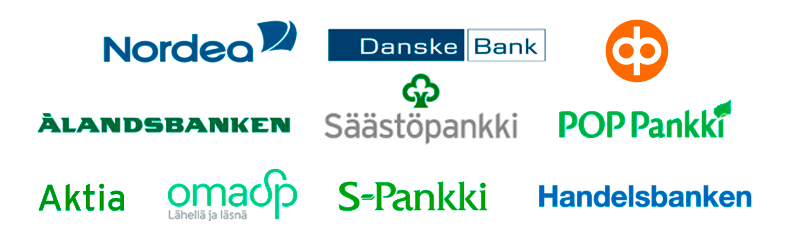 Nordea, Danske Bank, OP, Ålandsbanken, Säästöpankki, POP Pankki, Aktia, Oma Säästöpankki, S-Pankki, Handelsbanken